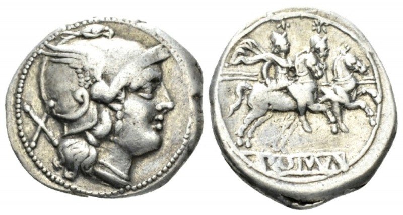 Denarius circa 214-213, AR 20mm., 4.60g. Helmeted head of Roma r.; behind, X. Re...