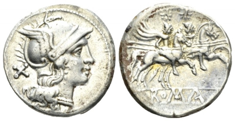 Denarius after 211, AR 18.5mm., 3.46g. Helmeted head of Roma r.; behind, X. Rev....