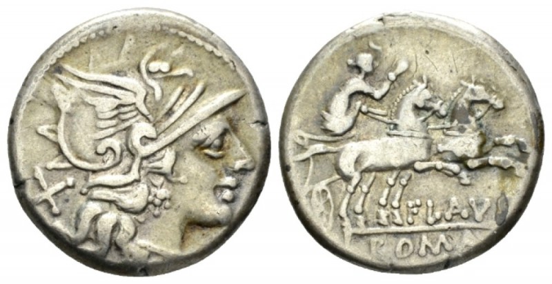 Decimius Flavus. Denarius circa 150, AR 18.5mm., 3.86g. Helmeted head of Roma r....