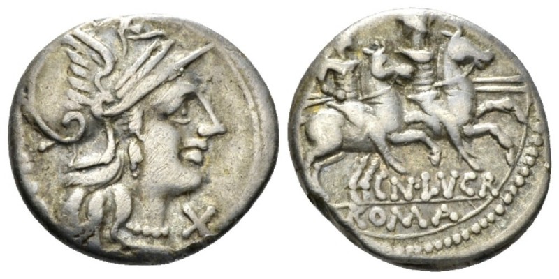 Cn. Lucretius Trio. Denarius circa 136, AR 18mm., 3.79g. Helmeted head of Roma r...