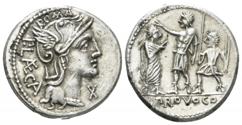 P. Porcius Laeca. Denarius circa 110 or 109, AR 20.5mm., 3.64g. Helmeted head of...