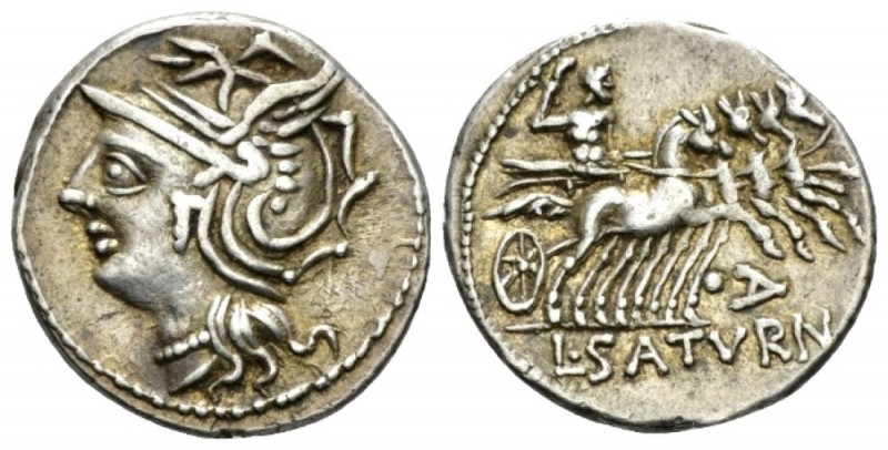 L. Appuleius Saturninus. Denarius circa 104, AR 19.5mm., 3.96g. Helmeted head of...