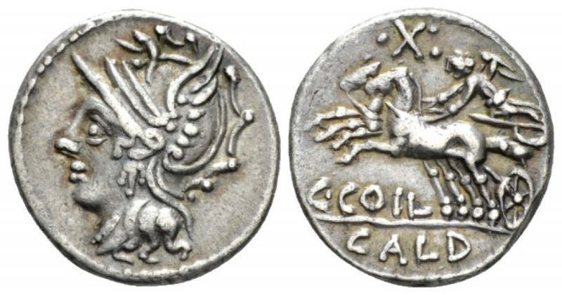 C. Coelius Caldus. Denarius circa 104, AR 18mm., 3.99g. Helmeted head of Roma l....