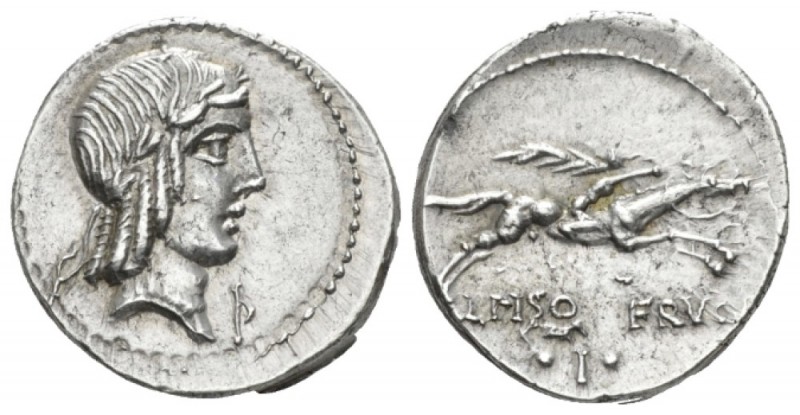 Denarius circa 90, AR 18mm., 3.94g. Laureate head of Apollo r.; r. Rev. Horseman...