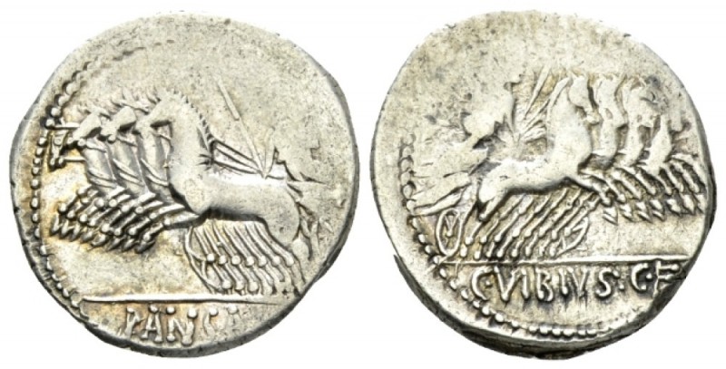 C. Vibius C.f. Pansa. Denarius circa 90, AR 19.5mm., 3.92g. Minerva in fast quad...