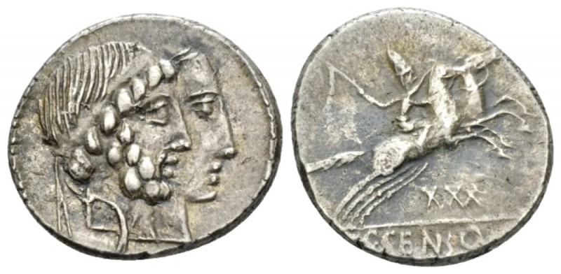 C. Marcius Censorinus. Denarius circa 88, AR 18mm., 4.08g. Jugate heads r. of Nu...