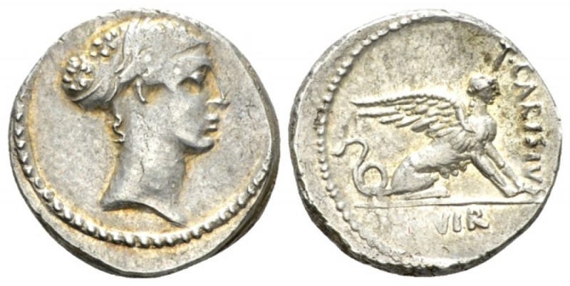 T. Carisius. Denarius 46, AR 18mm., 3.83g. Head of Sybil r. Rev. T·CARISIVS Sphy...