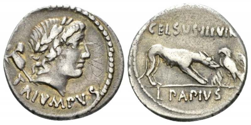 L. Papius Celsus. Denarius circa 45, AR 18.5mm., 3.85g. Head of Juno Sospita r. ...