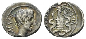Octavian, 32 – 27 BC Quinarius Brundisium or Roma 29-28, AR 12mm., 1.59g. Bare head of Octavian r. Rev. Victory draped standing l. holding wreath and ...