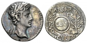 Octavian as Augustus, 27 BC – 14 AD Denarius Caesaraugusta (?) circa 19-18 BC, AR 18mm., 3.53g. Oak-wreathed head r. Rev. Shield inscribed CL V flanke...