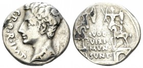Octavian as Augustus, 27 BC – 14 AD Plated denarius Colonia Patricia (? circa 18-16 B, AR 16mm., 2.91g. Bare head l. Rev. QVOD •/VI • AE •/MVN •/SVNT ...