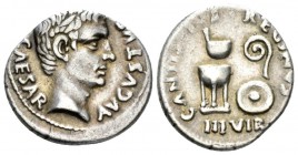 Octavian as Augustus, 27 BC – 14 AD Denarius circa 13 BC, AR 18mm., 3.78g. Bare head r. Rev. Sacrificial implements: simpulum, lituus, tripod and pate...