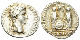 Octavian as Augustus, 27 BC – 14 AD Denarius Lugdunum circa 2BC - 4 AD, AR 18.5mm., 3.77g. Laureate head r. Rev. Caius and Lucius standing facing, eac...