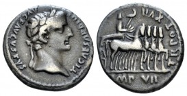 Tiberius, 14-37 Denarius Lugdunum circa 15-16, AR 18.5mm., 3.58g. Laureate head r. Rev. Tiberius in triumphal quadriga r., holding laurel branch and e...