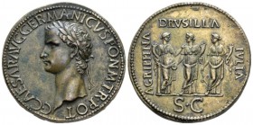 Gaius, 37-41 British Museum electrotype copy of Sestertius circa 37-38, Æ 37.5mm., 31.17g. Laureate bust l. Rev. The sisters of Gaius standing facing:...