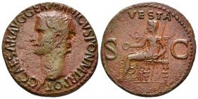 Gaius, 37-41 As circa 37-38, Æ 29.5mm., 10.45g. Bare head l. Rev. VESTA / S – C Vesta, diademed and veiled, seated l. on ornamental throne, holding pa...
