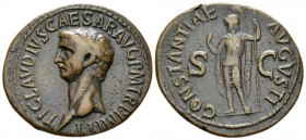 Claudius, 41-54 As circa 50-54, Æ 32.5mm., 9.97g. Bare head l. Rev. Constantia, helmeted and in military attire, standing l., l. hand raised, holding ...