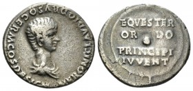 Nero Caesar, 50-54 Denarius circa 50-54, AR 17.5mm., 3.55g. Bareheaded, draped and cuirassed bust r. Rev. EQVESTER / OR – DO / PRINCIPI / IVVENT on sh...