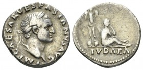 Vespasian, 69-79 Denarius December 69 – early 70,, AR 18.5mm., 3.16g. Laureate head r. Rev. IVDAEA Judaea seated l. in attitude of mourning; behind, t...