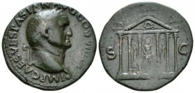 Vespasian, 69-79 As Lugdunum circa 77-78, Æ 28.5mm., 9.83g. Laureate head r., with small globe at truncation. Rev. Temple of Jupiter Optimus Maximus: ...