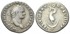 Titus, 79-81 Denarius circa 80, AR 19.5mm., 2.91g. Laureate head r. Rev. Dolphin coiled around anchor. C 309. RIC 112

Toned, Very Fine.