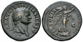 Domitian caesar, 68-81. As circa 77-78, Æ 29.5mm., 11.06g. Laureate head r. Rev. Victory standing r. on prow, holding wreath and palm. C 630. RIC 1056...