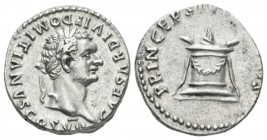 Domitian Caesar, 69 - 81. Denarius circa 80-81, AR 17.5mm., 3.67g. Laureate and bearded head r. Rev. Garlanded and lighted altar. C 215. RIC Titus 266...