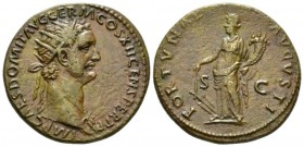Domitian, 81-96 Dupondius circa 86, Æ 28.5mm., 12.25g. Radiate bust r., wearing aegis. Rev. Fortuna standing l., holding rudder and cornucopiae. C 123...