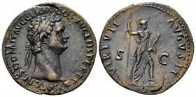 Domitian, 81-96 As circa 90-91, Æ 28.5mm., 7.29g. aureate head r. Rev. Virtus standing r., foot on helmet, holding spear and parazonium. C 656. RIC 70...
