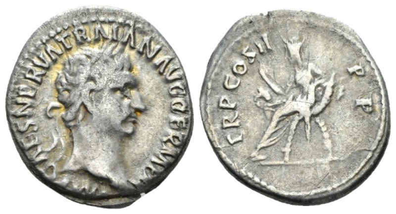 Trajan, 98-117 Denarius circa 98, AR 18mm., 3.25g. Laureate head r. Rev. Abundan...