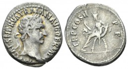 Trajan, 98-117 Denarius circa 98, AR 18mm., 3.25g. Laureate head r. Rev. Abundantia seated l., holding sceptre and cornucopia. RIC -. Woytek 12a.

T...