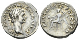 Trajan, 98-117 Denarius circa 98-99, AR 18.5mm., 3.27g. Laureate head r. Rev. P M TR P COS III P P Victory seated l., holding patera and palm-branch. ...