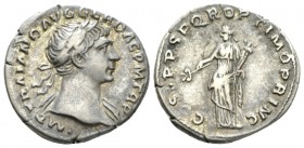 Trajan, 98-117 Denarius circa 103-111, AR 19.5mm., 3.51g. Laureate head r. Rev. Felicitas standing l., holding caduceus and cornucopia. RIC 121. C 21....