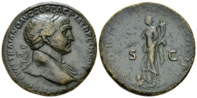 Trajan, 98-117 Sestertius circa 104/105-107, Æ 33.5mm., 24.26g. Laureate bust r. with drapery on l. shoulder. Rev. Pax standing l. holding branch and ...