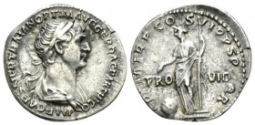 Trajan, 98-117 Denarius 114-117, AR 18.5mm., 3.51g. IMP CAES NER TRAIAN OPTIM AVG GERM DAC Laureate and draped bust r. Rev. PARTHICO P M TR P COS VI P...
