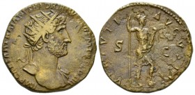 Hadrian, 117-138 Dupondius circa 199-121, Æ 26.5mm., 12.08g. Radiate bust r., wearing drapery on l. shoulder. Rev. Virtus standing r., holding spear a...