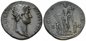Hadrian, 117-138 Dupondius circa 125-128, Æ 27mm., 11.77g. Radiate head r. Rev. Hilaritas standing l. between two children, holding cornucopiae and pa...