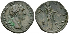 Antoninus Pius, 138-161 Sestertius circa 153-154, Æ 32mm., 24.52g. Laureate head r. Rev. Libertas standing facing, head r., holding pileus. C 535. RIC...