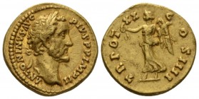 Antoninus Pius, 138-161 Aureus circa 156-157, AV 19.5mm., 7.28g. Laureate head r., slight drapery. Rev. Victory advancing l., holding wreath and palm ...