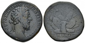 Marcus Aurelius, 161-180 Sestertius circa 177, Æ 32.5mm., 25.03g. Laureate head r. Rev. Pile of arms consisting of cuirass, shields, helmet, vexillum,...