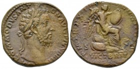 Commodus, 177-192 Sestertius circa 185, Æ 28mm., 23.30g. Laureate head r. Rev. Victory seated r. on pile of arms, inscribing shield set on knee with l...