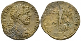 Septimius Severus, 193-211 Sestertius circa 196, Æ 29.5mm., 20.84g. Laureate and cuirassed bust r. Rev. Victory advancing l., holding wreath and palm ...