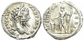 Septimius Severus, 193-211 Denarius circa 200-201, AR 18.5mm., 3.31g. Laureate head r. Rev. Severus in military dress, standing l., sacrificing with p...