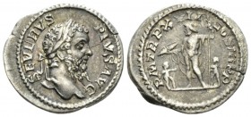 Septimius Severus, 193-211 Denarius circa 209, AR 19.5mm., 3.84g. Laureate head r. Rev. Jupiter standing facing, head l., holding thunderbolt and scep...