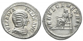 Julia Domna, wife of Septimius Severus Denarius circa 215-217, AR 19.5mm., 3.03g. Draped bust r. Rev. Venus seated l. extending r. hand and holding sc...