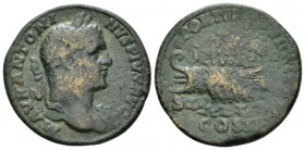 Caracalla, 198-217 As circa 207, Æ 26.5mm., 5.08g. Laureate bust r., wearing aegis. Rev. Galley with five oarsmen l., hortator at stern between two aq...