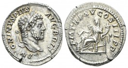 Caracalla, 198-217 Denarius circa 212, AR 18.5mm., 3.31g. Laureate head r. Rev. Annona seated l., holding cornucopia and grain ears over modius to lef...
