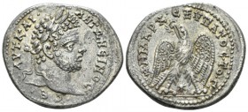 Caracalla, 198-217 Tetradrachm Laodicea circa 212, AR 30mm., 13.96g. Laureate and draped bust r. Rev. Eagle standing facing, head and tail left, with ...