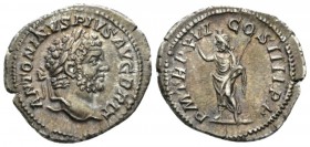 Caracalla, 198-217 Denarius circa 213, AR 19.5mm., 2.99g. Laureate head r. Rev. Serapis standing l., wearing polos on head, raising r. hand in salute ...