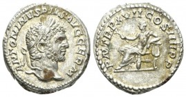 Caracalla, 198-217 Denarius circa 214, AR 19mm., 3.56g. Laureate head r. Rev. Apollo seated l. on throne, holding branch and resting elbow on lyre set...